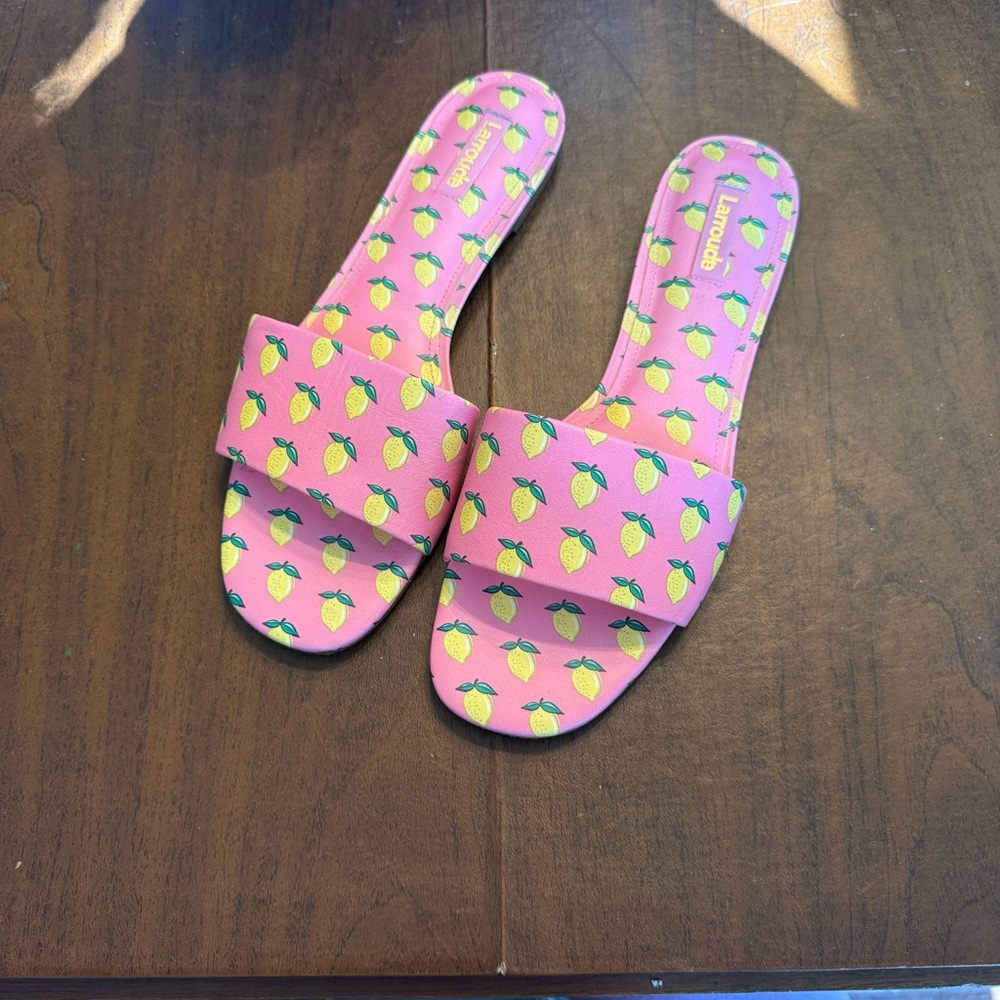 Larroude Pink Lemon Print Sandals